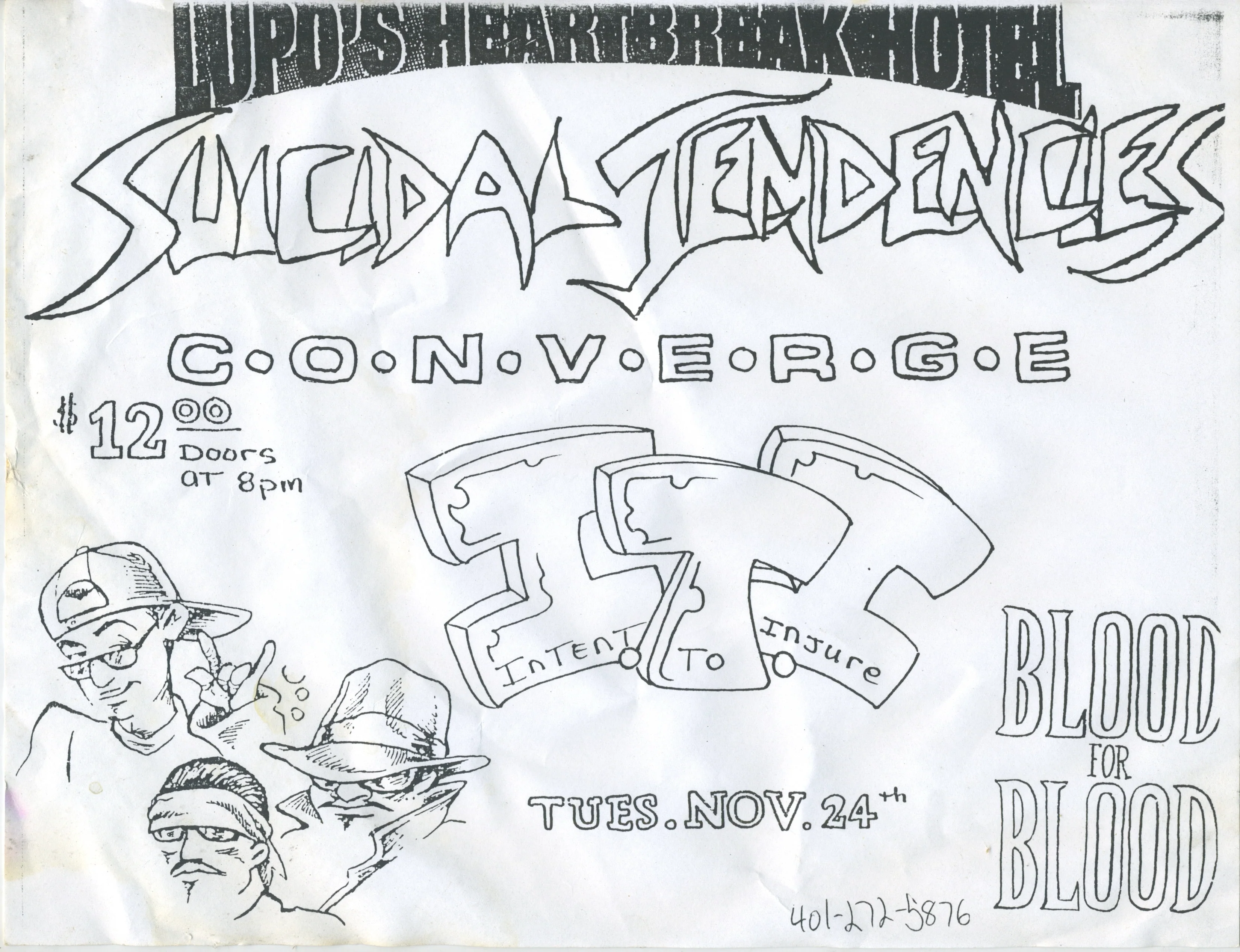 Suicidal Tendencies Converge "Lupo's Heartbreak Hotel" Intent To Injure Blood For Blood Providence, RI Show Flyer
