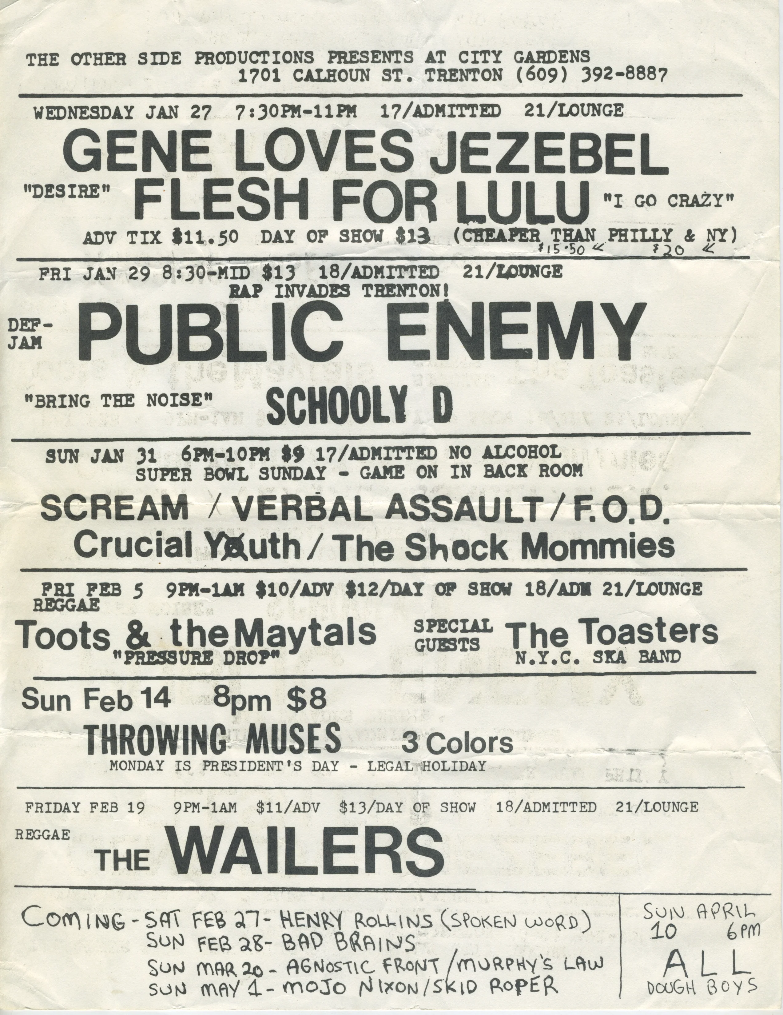 Vintage City Gardens '88 Public Enemy "Trenton, NJ" January/February Show Schedule