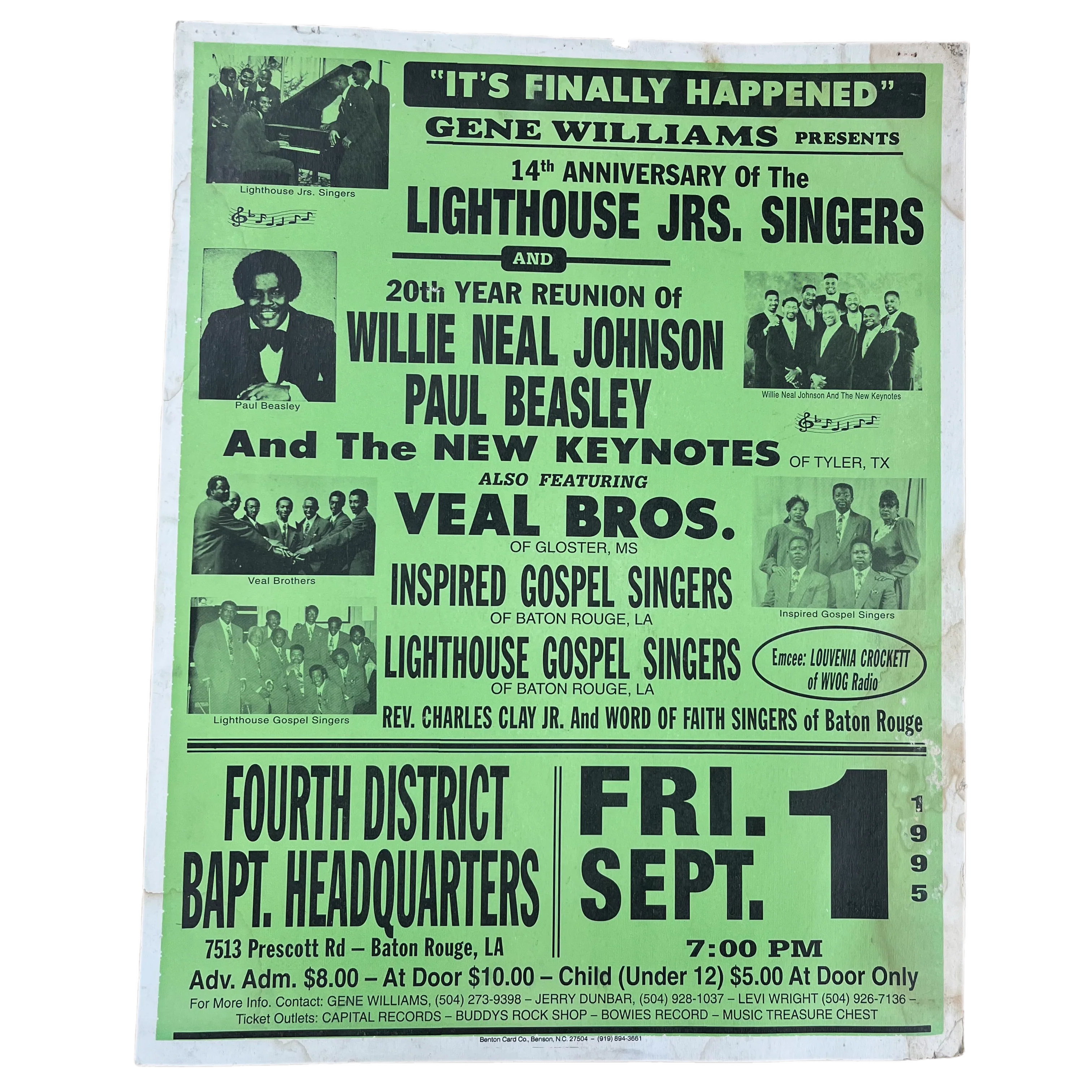 Vintage Gene Williams Presents "Benton Card Co" Willie Neal Johnson Paul Beasley And The Keynotes Baton Rouge Show Poster