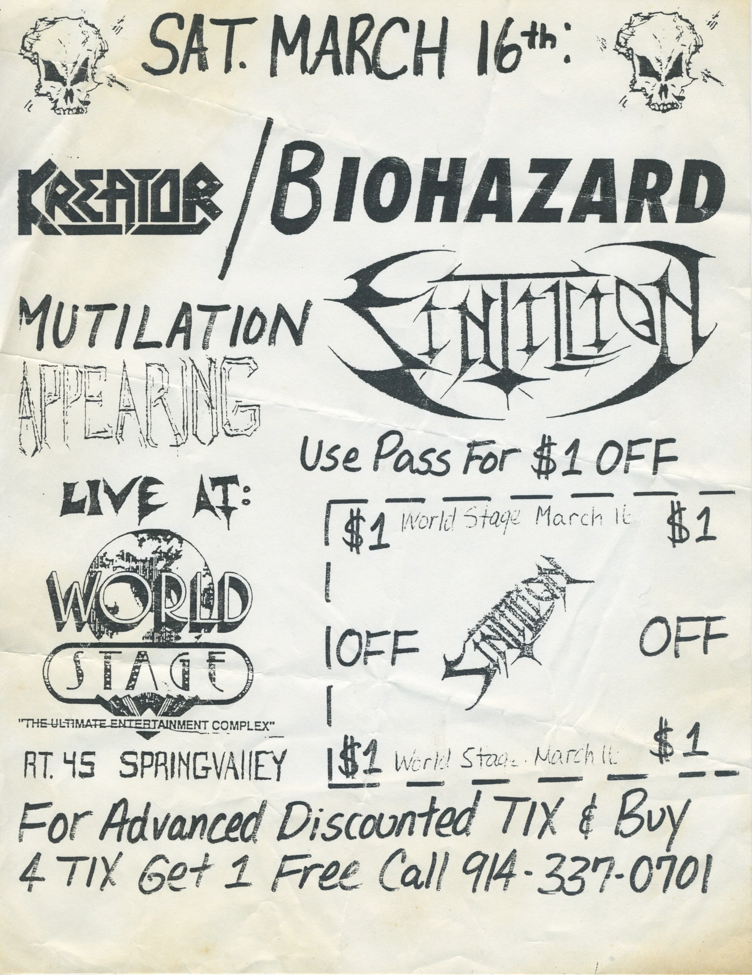 Vintage Kreator Biohazard Sintilion Mutilation "World Stage" NY Show Flyer