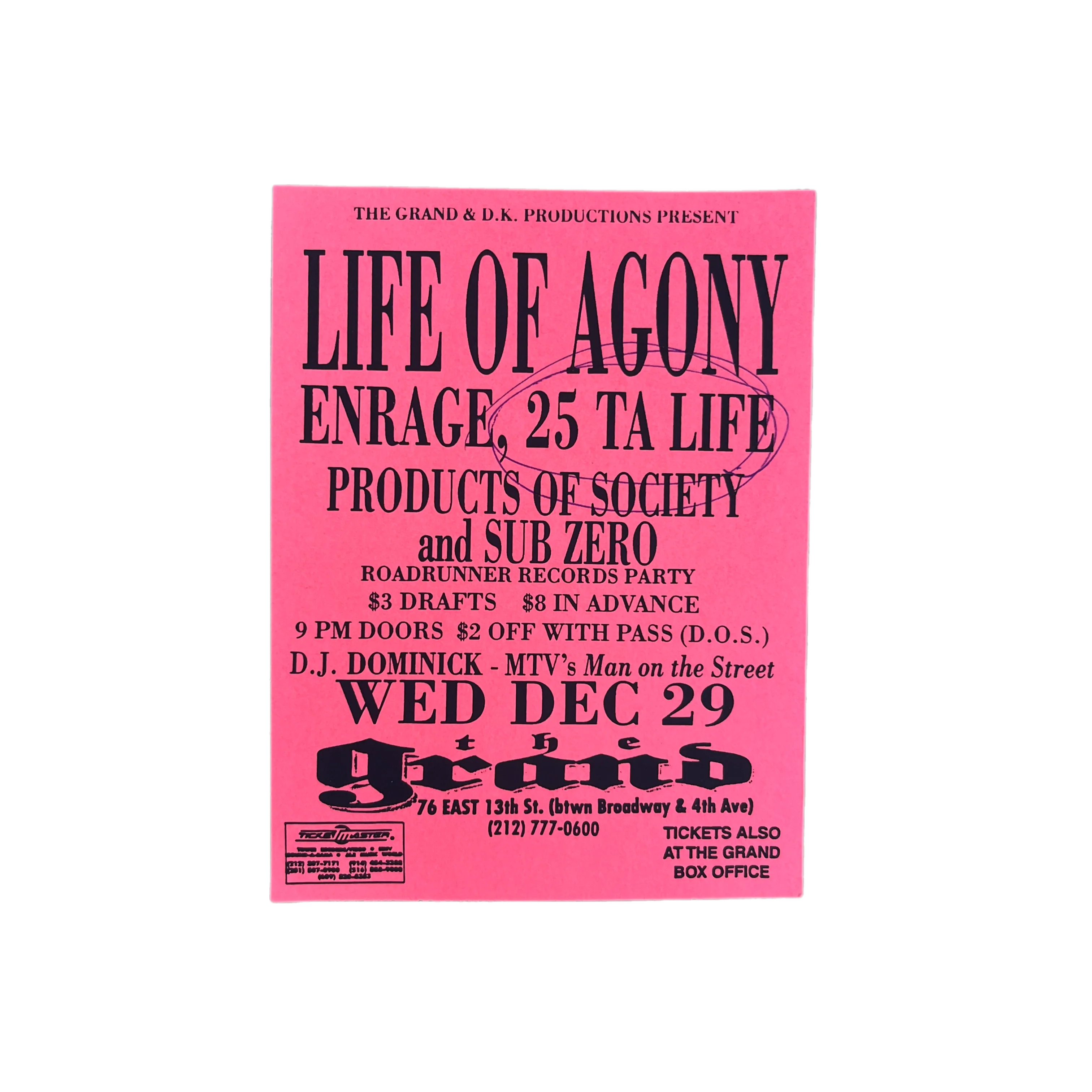 Vintage Life Of Agony 25 Ta Life Sub Zero D.J. Dominick "The Grand" NYC Mini Show Flyer