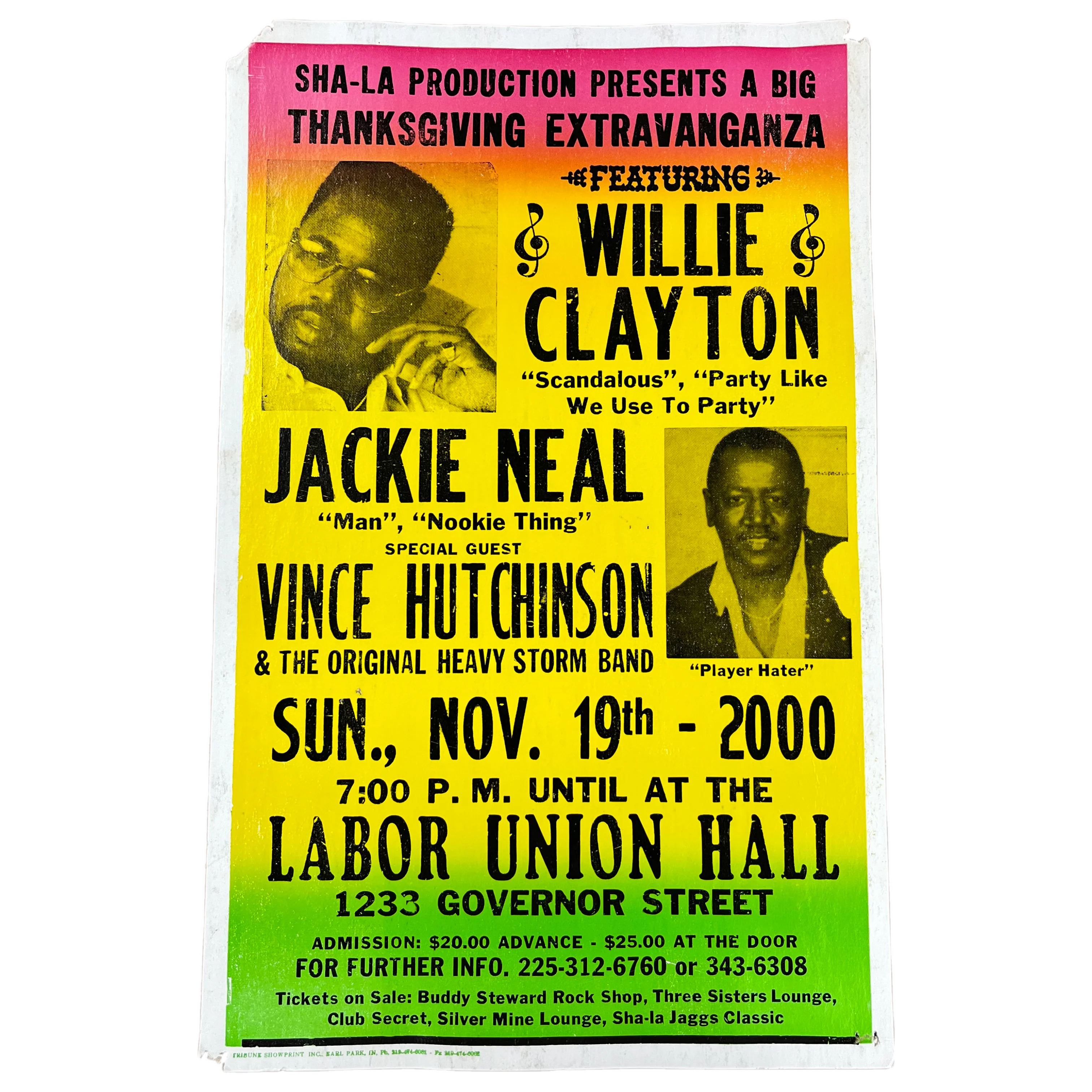 Vintage Sha-La Production Presents "Tribune Showprint Inc" Willie Clayton Jackie Neal Vince Hutchinson Show Poster