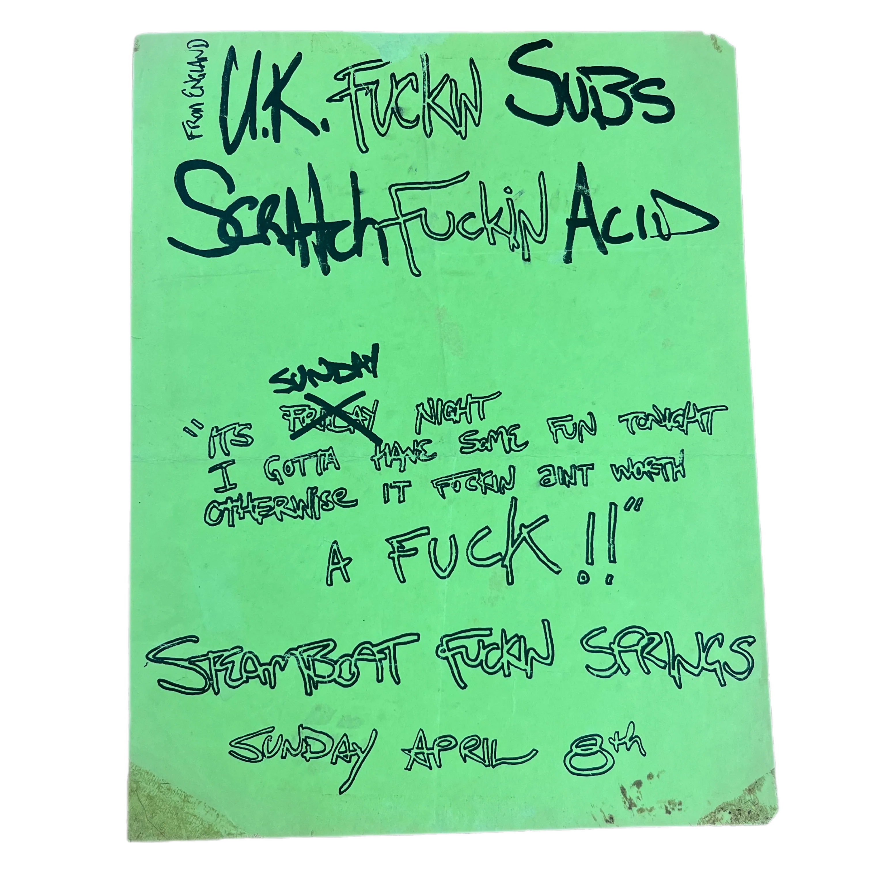 Vintage UK Subs Scratch Acid "Steamboat Springs" Show Flyer