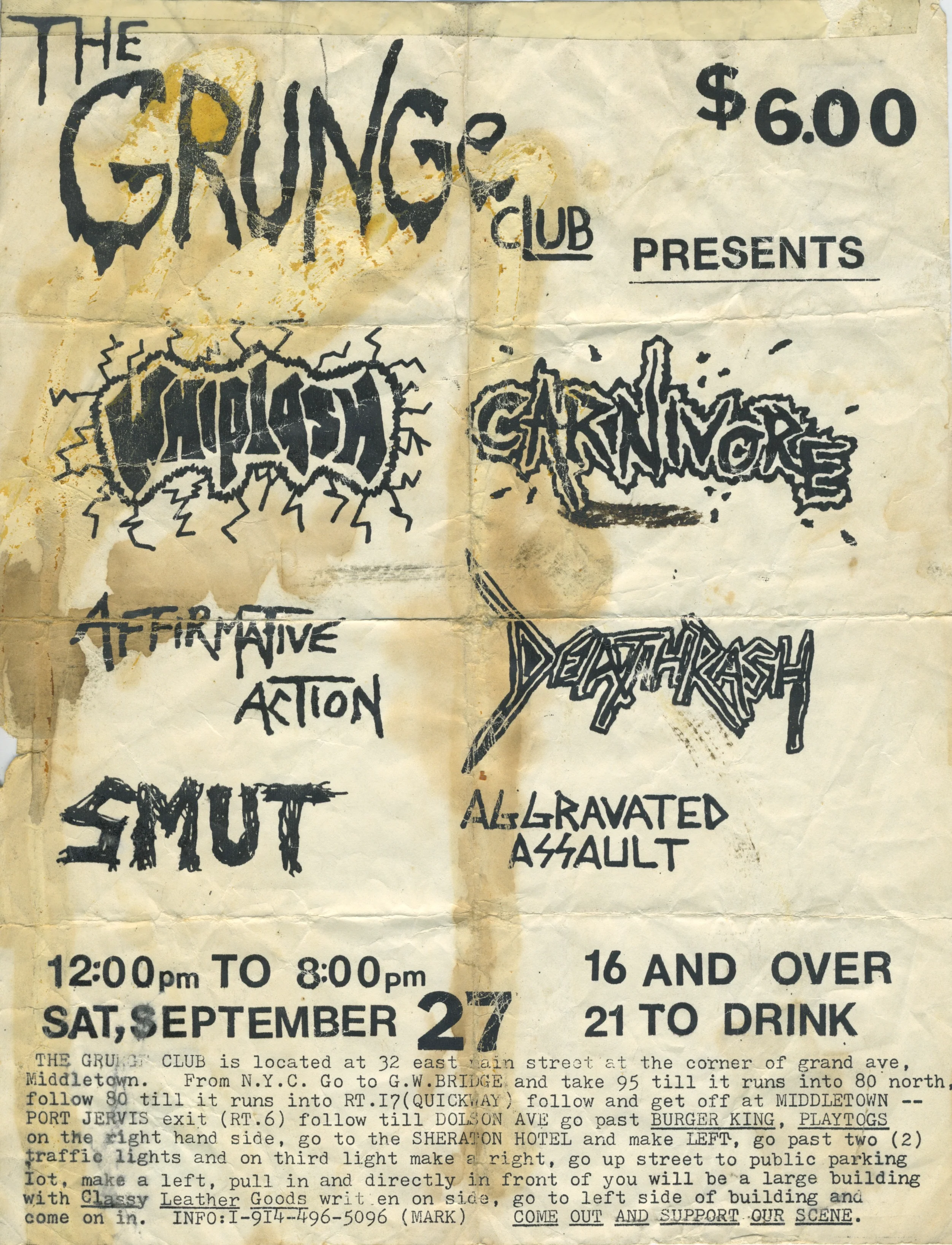 Vintage Whiplash Carnivore Affirmative Action "The Grunge Club" NY Show Flyer